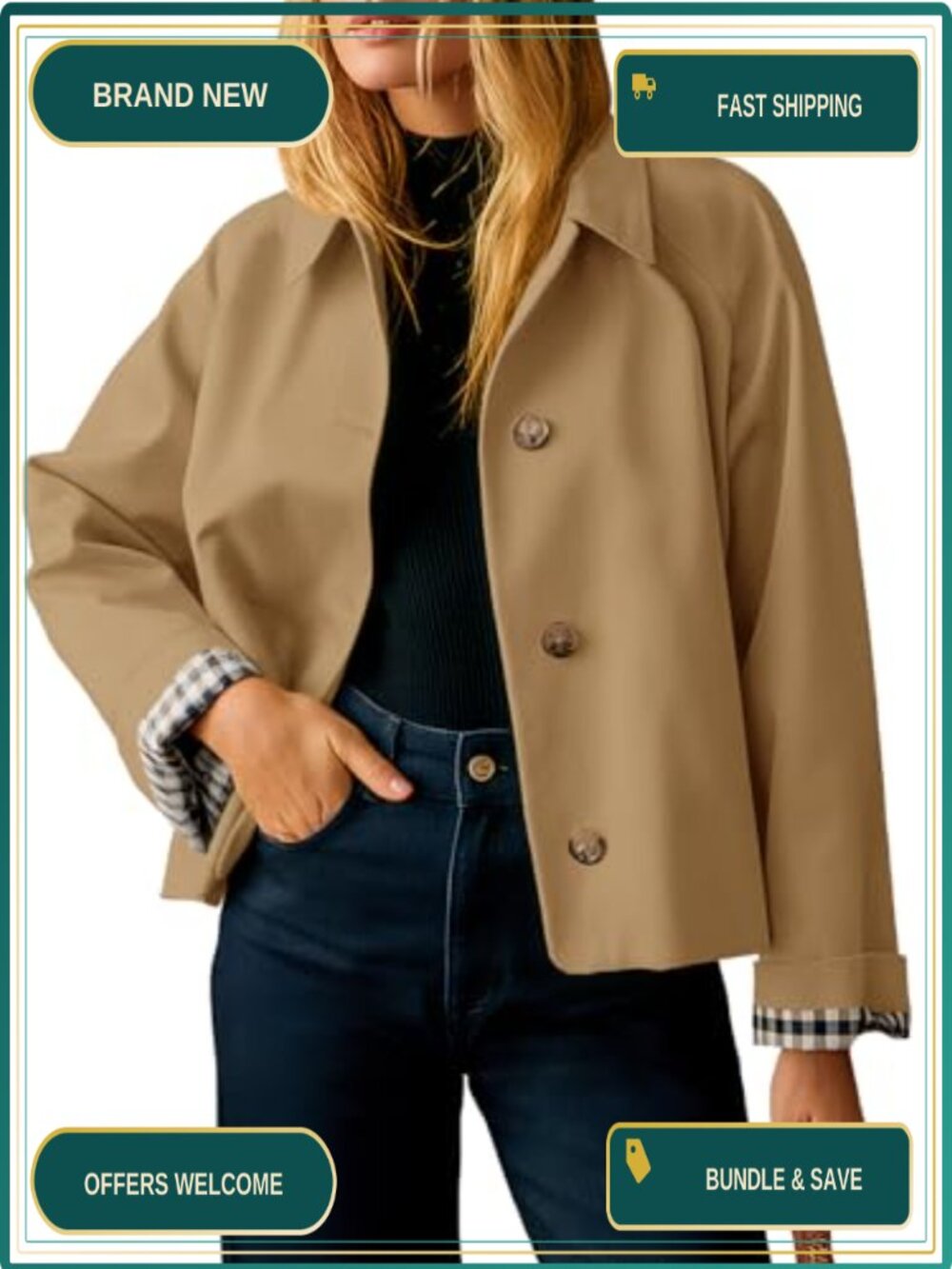 Womens Cropped Trench Coat Lightweight Single Breasted Loose Fit Jacket